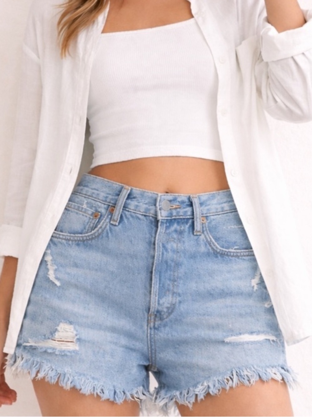 AGOLDE Distressed Denim Shorts Light Wash High Rise Cutoff Frayed Hem Size 25